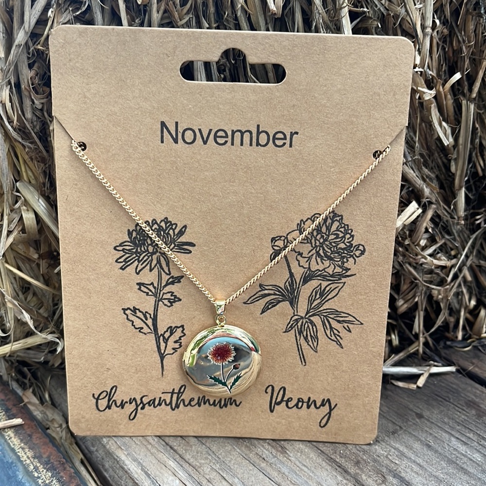 Orange Chrysanthemum November Birth Flower Gold Locket Necklace